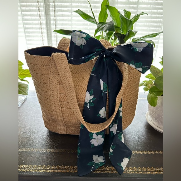 Handbags - DRAPER JAMES Straw Woven Tote Bag with Magnolia Floral Scarf